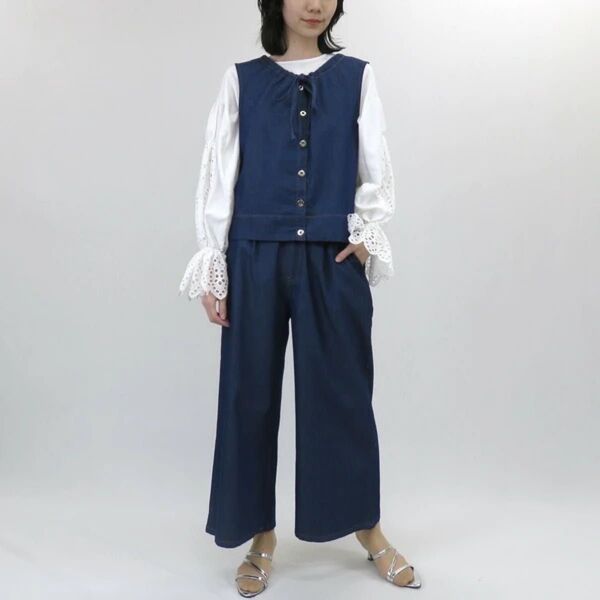 ベスト&パンツセットアップ/インディゴブルー 上下セット デニム 2点セット 単品使いOK 高コスパ