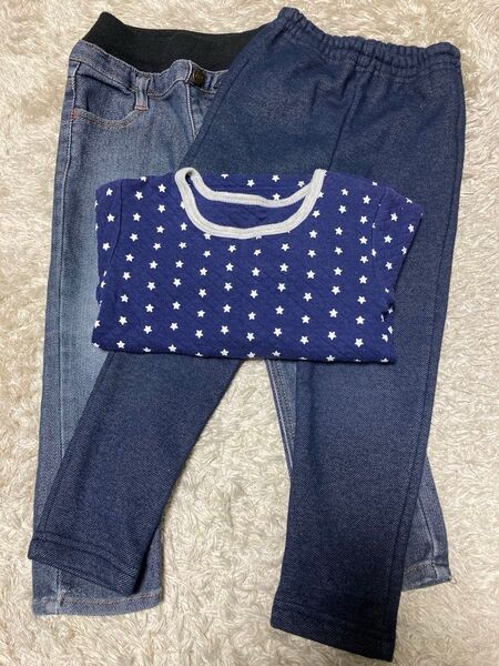 子供服 3点セット デニム 裏起毛キッズパンツ 星柄ロングTシャツ サイズ100cm