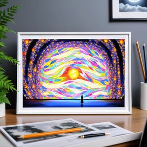 絵画「幕開け」 A4 額無し 風景画 インテリア 宇宙 星 部屋 黄 オレンジ 赤 青 幻想的
