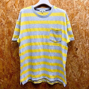 GLOBAL WORK グローバルワーク M メンズ Tシャツ ボーダー柄 胸ポケット付き 丸首 カットソー 半袖 綿100% ヘザーカラー グレー×イエロー