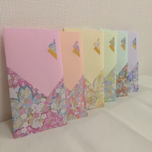 和風柄 ぽち袋 長封筒 パステルカラー 熨斗付き 6枚セット ハンドメイド◇69