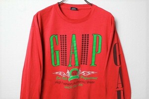 90's USA製 ギャップ GAP ビッグロゴプリント クルーネック コットン 長袖 Tシャツ 赤 (S) 袖プリント ロンT 90年代 アメリカ製 旧タグ