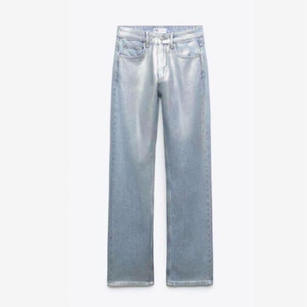 ZARA ミッドライズストレートレッグ メタリック TRF シルバー ジーンズ