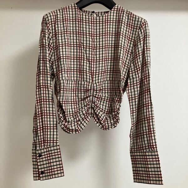 ZARA さらっとした ブラウス シャツ 長袖シャツ 長袖 薄手 ショート ベージュ チェック 春 夏 カットソー XS S トップス ザラ