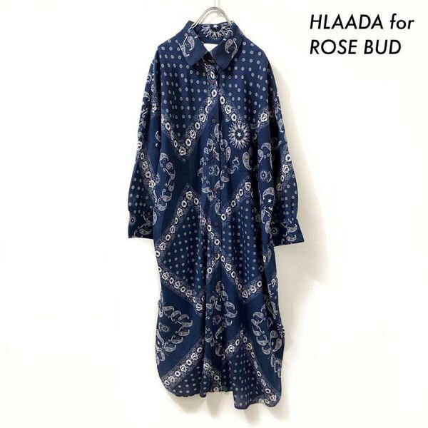 HLAADA for ROSE BUD★プリントシャツワンピース ネイビー 紺 フラーダ ローズバッド