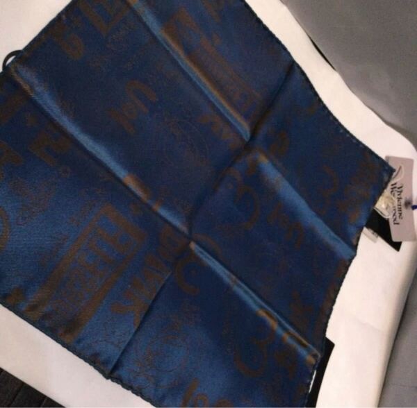 送料込●新品●価-15400円 Vivienne Westwood シルクハンカチーフ ブラウン系×青系 ヴィヴィアンウエストウッド ビビアン ビジネス
