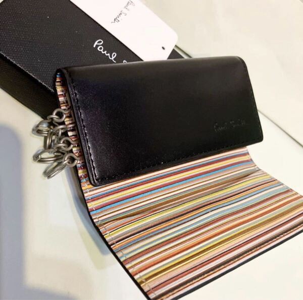 ●新品●送料込 ポールスミス 定番キーケース ブラック×マルチストライプ 牛革レザー Paul Smith