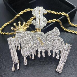 【新品】ネックレス クラウン MONEY 札束 ドル ロープ チェーン ホワイト ゴールド 金 メッキ ビック 文字 ペンダント hiphop