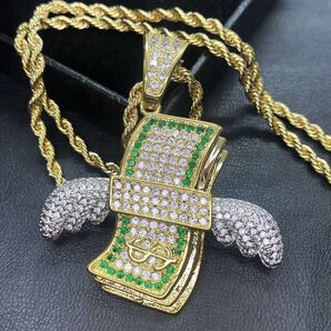 【新品】ドル 札束 羽 翼 $羽ばたき グリーン ホワイト ゴールド ネックレス ロープ チェーン ペンダント