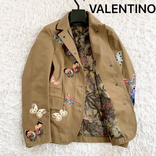 入手困難 VALENTINO 蝶刺繍 バタフライ パピヨン ジャケット ヴァレンティノ シップアップ カーキ系 コットン