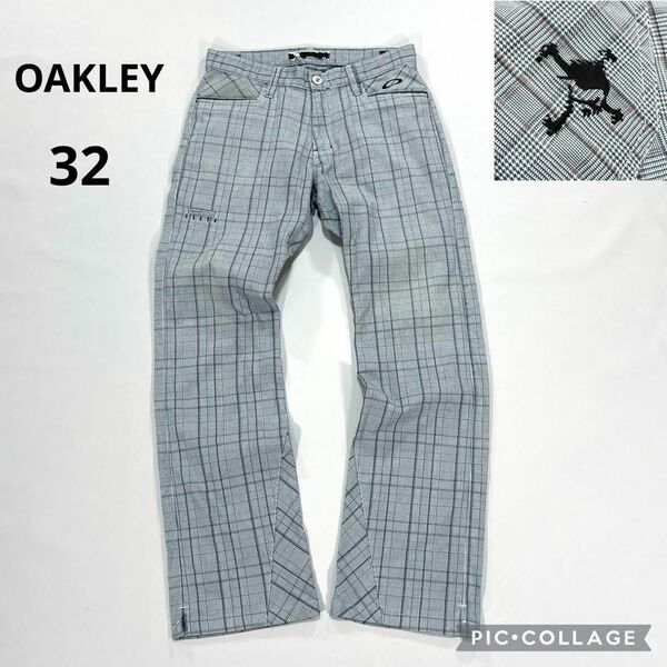 オークリー 32 ロングパンツ ゴルフ ブルー系グレー チェック スカル OAKLEY