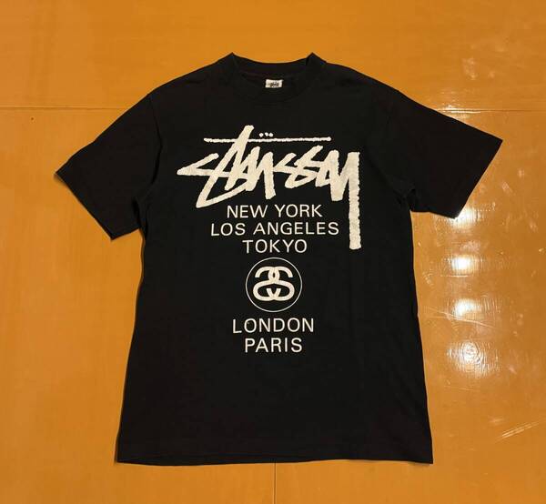 90s OLD STUSSY オールド ステューシー USA製 ワールドツアープリント ブラック Tシャツ size M 古着