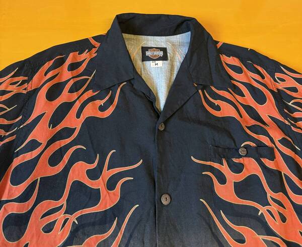 HARLEY DAVIDSON ハーレー ダビッドソン レーヨン オープンカラーシャツ ファイヤー 総柄 size M 古着
