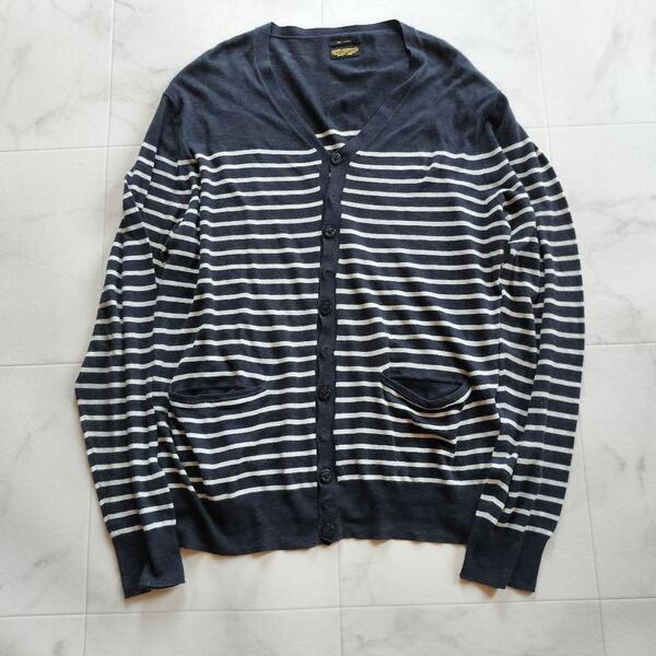 ALLSAINTS L 薄手 カーディガン 初夏 春秋 オールセインツ ボーダー メンズ 綿100% コットン スナップボタン 白黒