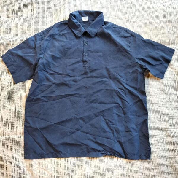 シルク100%シャツ 絹 SILK 半袖 ポロシャツ プルオーバー フリーサイズ ネイビー 紺色 メンズ 敏感肌