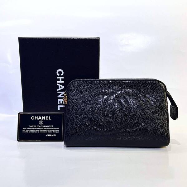CHANEL シャネル ココマーク コスメポーチ ブラック キャビアスキン GP レディース セカンドバッグ クラッチバッグ アクセサリーポーチ美品
