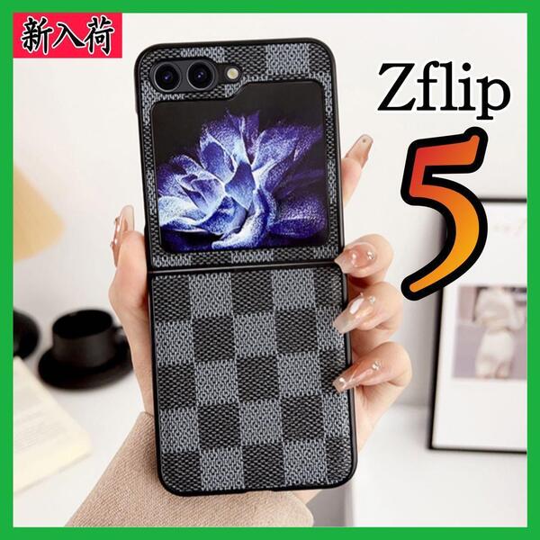 Galaxy Z Flip5ケース 黒色 折り畳み 市松模様 高級感格子 薄型 韓国 背面カバー オシャレ 耐衝撃 かわいい チェック柄