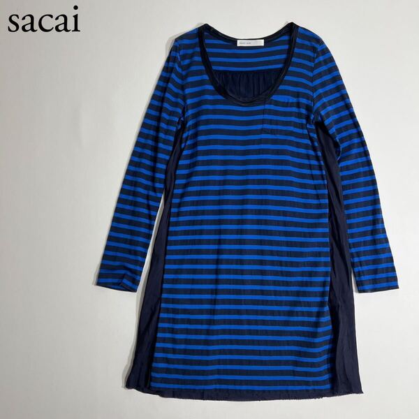 sacai luck サカイラック チュニックワンピース フレアワンピース 長袖 ドッキング ボーダー サテン 2 レディース