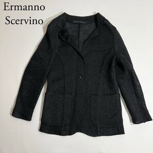 美品 Ermanno Scervino エルマンノシェルヴィーノ テーラードジャケット メッシュ コサージュ アウター ブラック系 46 レディース