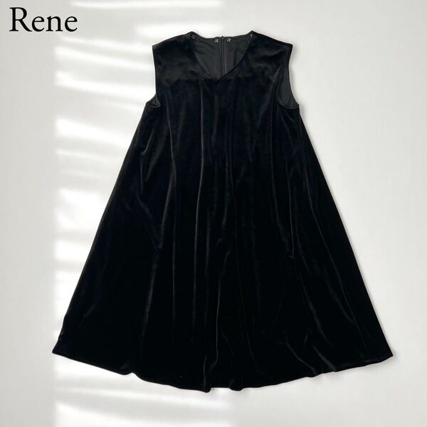 美品 Rene ルネ ベロアドレス ベロアワンピース ノースリーブ Aライン ブラック 背面ボックスプリーツ フォーマル オンオフ兼用 34