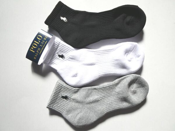 POLO ラルフローレン新品!3足セット マーク刺繍クォーターソックス 23-25cm黒白灰 送料無料 RALPHLAURENパイル靴下
