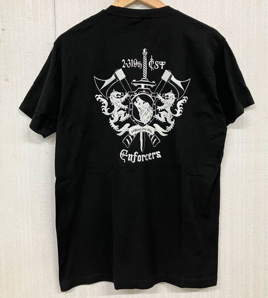古着卸 (74)メンズレギュラーTシャツ L ブラック 両面プリント TULTEX製 WOLFPACK アニマル 剣 英文字プリント