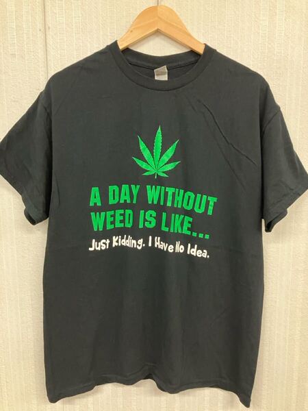 古着卸 (107)メンズレギュラーTシャツ L ブラックフロントプリント WEED 英文字プリント ガンジャ ヘンプ 大麻柄 カンナビス 薬物 ギルダン