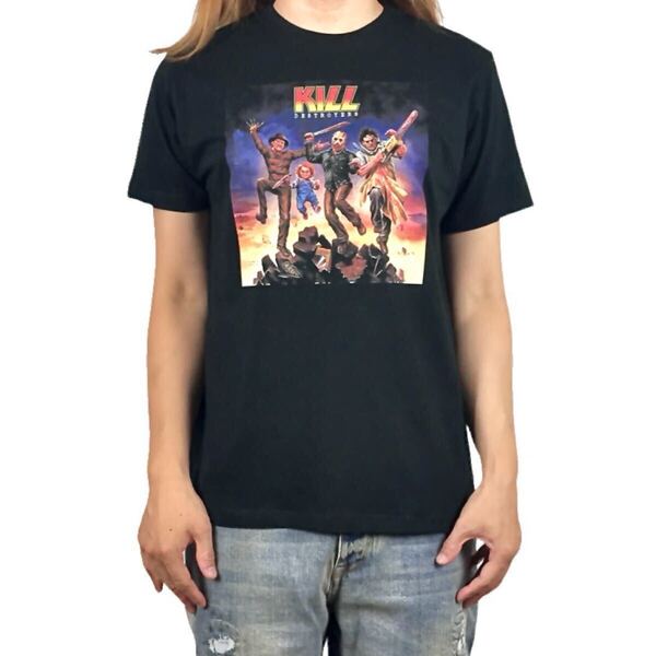 新品 KISS キッス 地獄の軍団 ジャケット ジェイソン チャッキー フレディ ブギーマン ホラー映画 パロディ Tシャツ ユニセックス Mサイズ