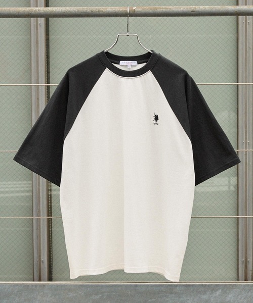 新品・未使用♪U.S. POLO ASSN♪ワンポイント刺繍 ラグラン配色オーバーサイズ半袖Tシャツ♪Lサイズ♪ホワイト&ブラック♪
