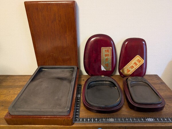 中国古品 唐木箱入 石眼 老杭 端渓 瑞州名硯 硯3点まとめて 唐物 古硯 書道具