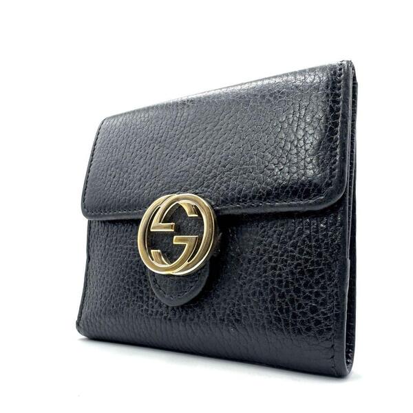 【美品】GUCCI グッチ レザー 折財布 インターロッキング ブラック