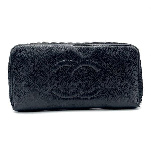 CHANEL シャネル キャビアスキン ラウンドジップ 長財布 ココマーク ブラック
