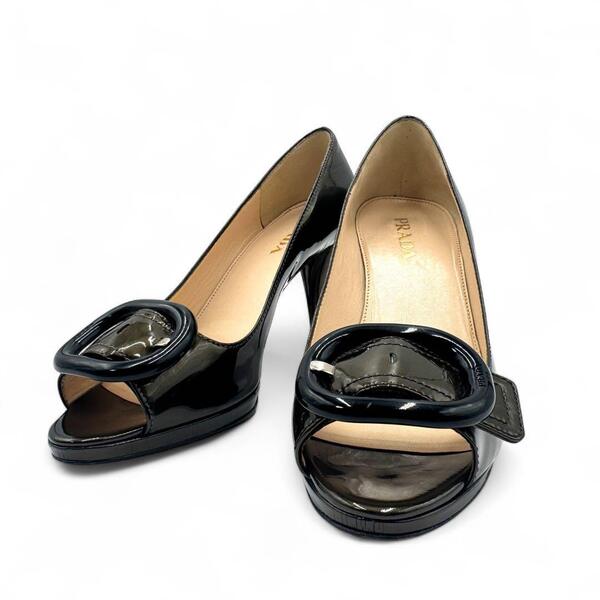 PRADA プラダ エナメル オープントゥ パンプス カーキ 23.5cm
