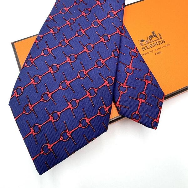 【美品】HERMES エルメス シルク ネクタイ ネイビー×レッド ダンクル