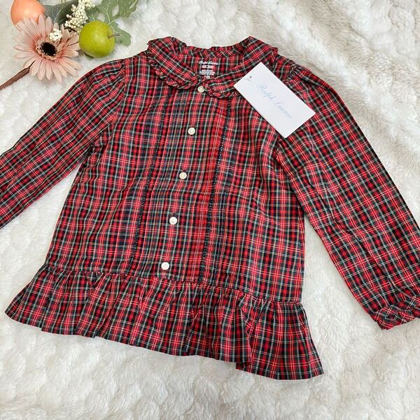 タグ付き、新品★ラルフローレン 長袖チェックシャツ 袖口にロゴ フリル襟 女の子 キッズ サイズ90 24M