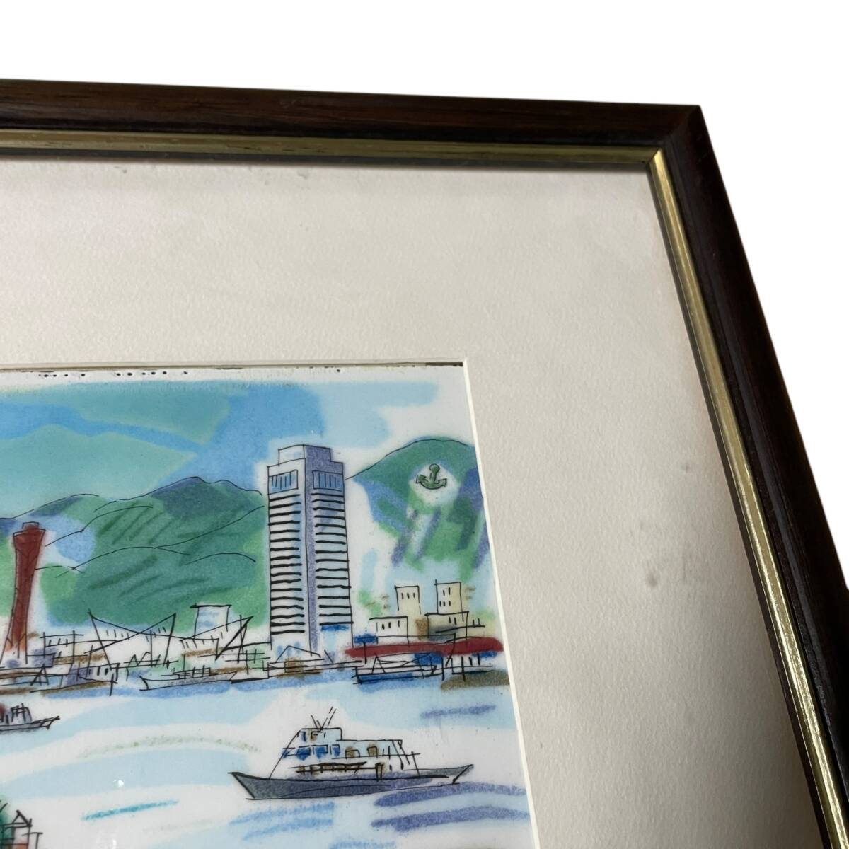 手描き絵画 ◇中古品◇陶板画 七宝 納 健 Ken Osame 神戸港 美術品 絵画 会社
