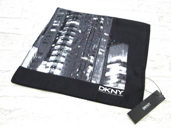 未使用 新品 送料込み DKNY DONNA KARAN NEW YORK ダナキャランニューヨーク ブラック プリント 柄 シルク スカーフ ( 絹100% 黒 男女兼用