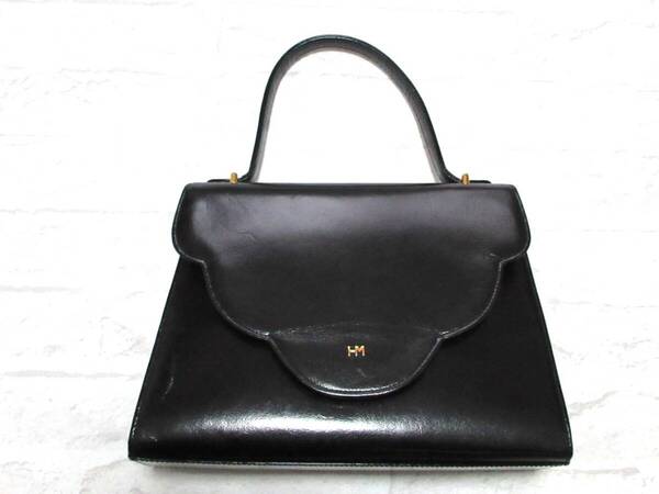 送料込み HANAE MORI ハナエモリ ブラック PVC加工 レザー ハンド バッグ ( 黒 本革 軽量 森英恵 セレモニー ゴールド金具 ロゴ カバン )