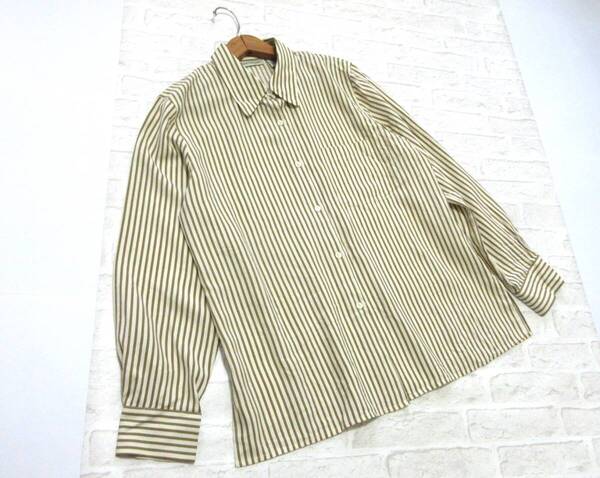 送料込み ANN TAYLOR アンテイラー ベージュ ストライプ 柄 とろみ シルク ブラウス 12 ( 絹100% 11号 ゆったり ラクチン シャツ 羽織物 )