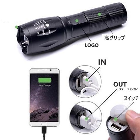 ■新品未使用 懐中電灯 防水LEDランプ高輝度ライト/USB充電式(大容量バッテリー内蔵) 登山 キャンプ 夜釣り 警備巡回