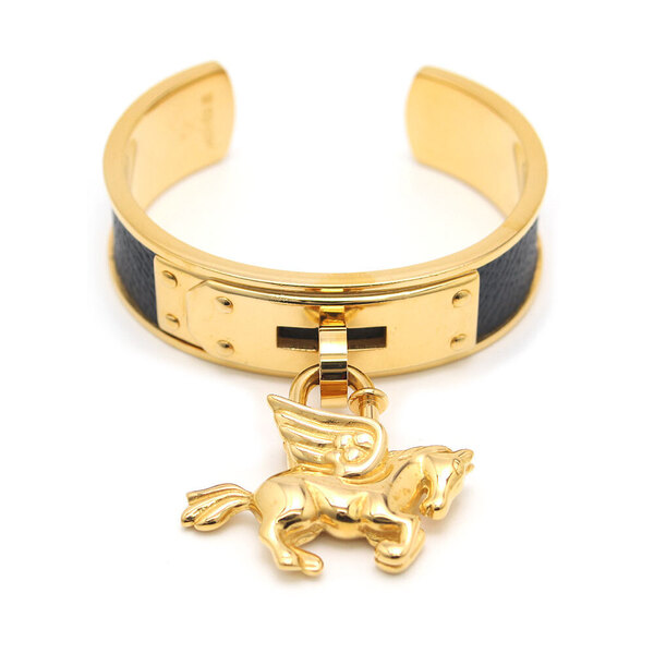 中古 良品 エルメス バングル HERMES ケリーバングル ペガサスチャーム(カデナ)付 ブラックレザー ゴールドメタル カスタム アクセサリー
