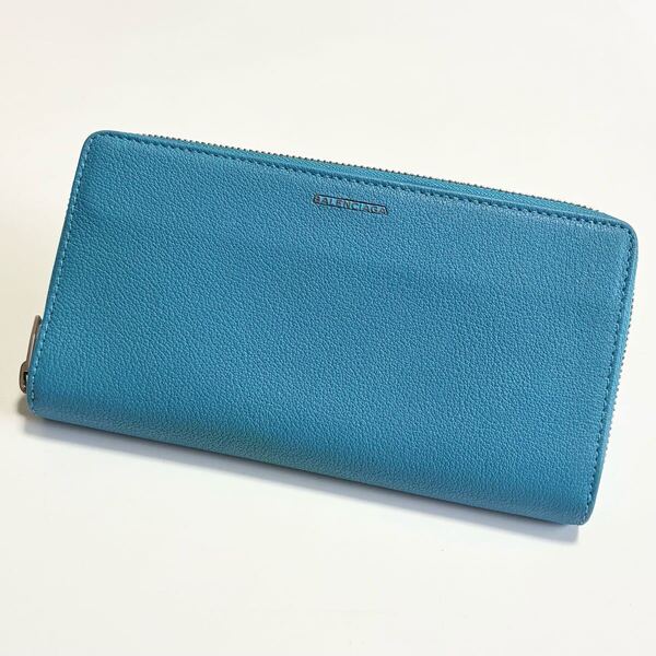 ★BALENCIAGA バレンシアガ ラウンドファスナー ジップ 長財布 レザー エッセンシャル ライトブルー【鑑定済み 本物保証】