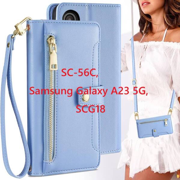Galaxy A23 5G ケース 手帳型 ショルダーケース 【 ストラップ 長+短 2本】【BonwFzin】 ストラップホール付き カード収納ライトブルー