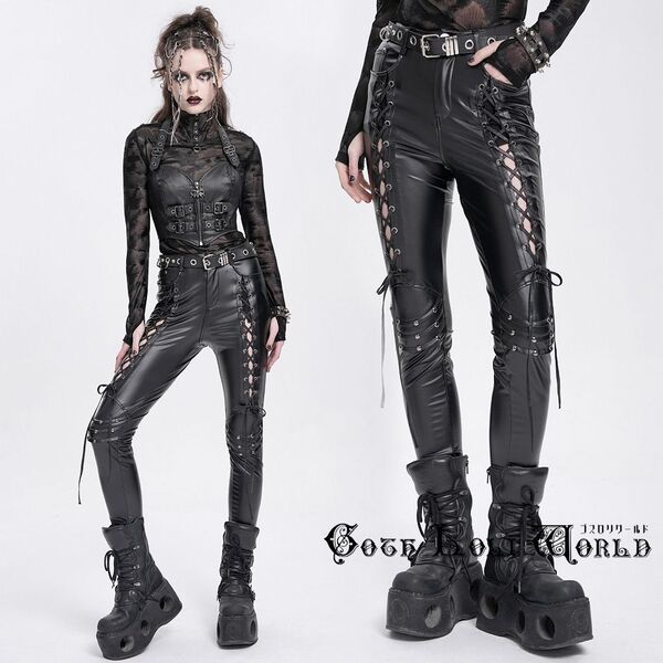 即納 PT271-S ゴシックファッション フェイクレザー レースアップ ロングパンツ ゴシック パンク ロック ビジュアル系