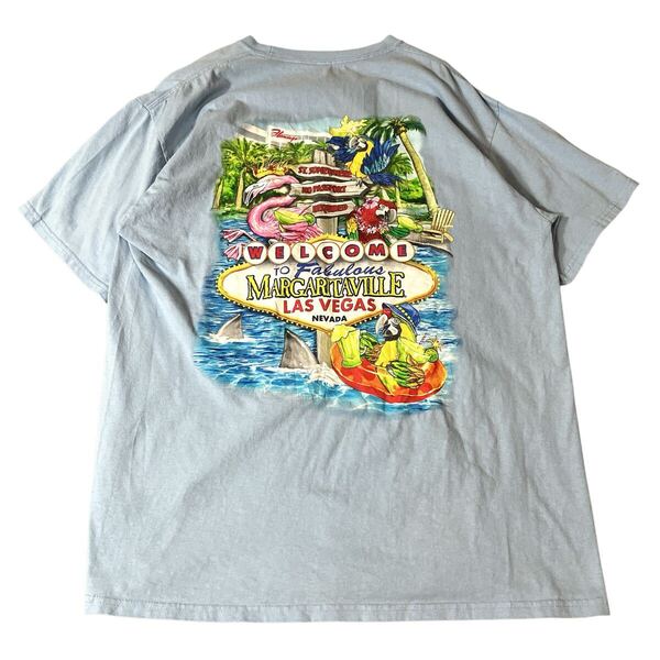 US古着 バックプリントTシャツ ラスベガス オウム 水色ブルー L 古着 Tシャツ 半袖 アニマル アニマルTシャツ