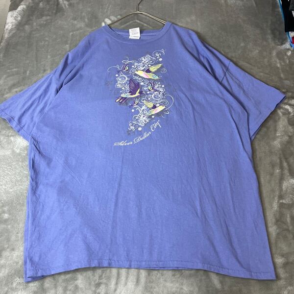 美麗プリント 蝶 小鳥 Tシャツ クルーネック 2XL ビッグシルエット ビッグサイズ くすみカラー ブルー系 2XL