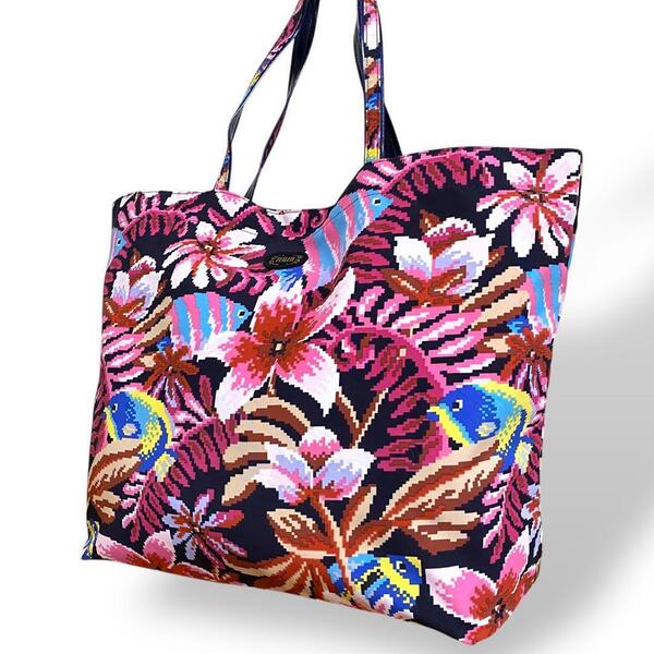 極美品 FEILER ナイロン 花柄 トートバッグ ピンク 魚