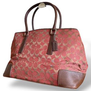 COACH トートバッグ シグネチャー レッド ブラウン レザー 手提げ