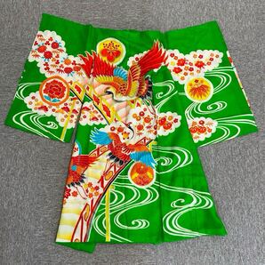 【201】女の子 七五三 着物 お宮参り グリーン 緑 レトロ アンティーク 鶴 花柄 鮮やか お初着 祝い着 正絹