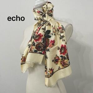 【247】エコー ECHO 新品 花柄 ストール シルクスカーフ ロング丈 シルク30 フラワープリント 白 オフホワイト 裏地付き